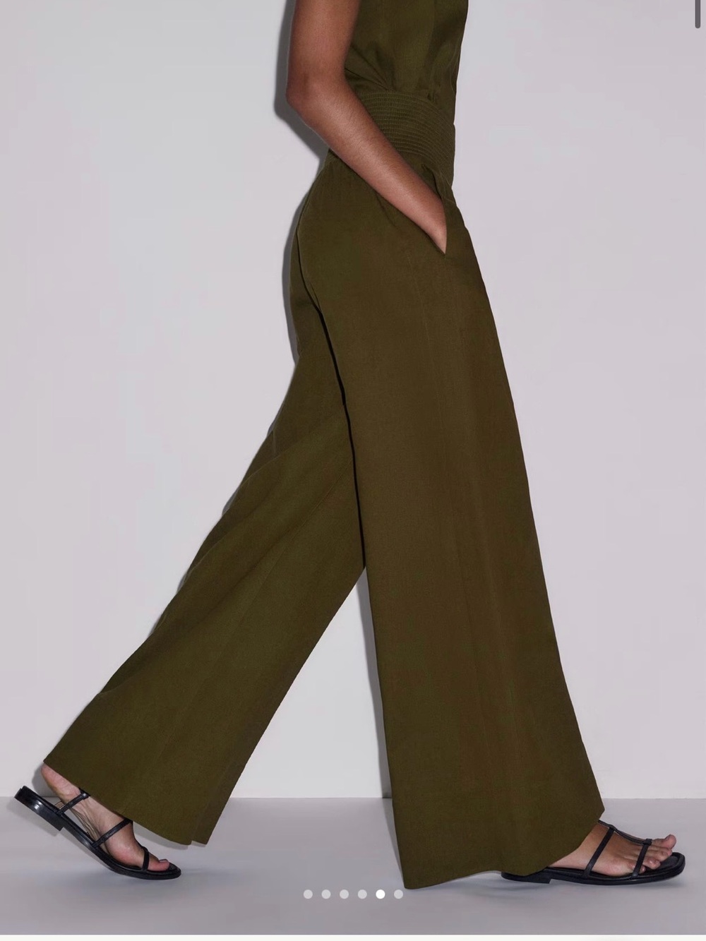 ME+EM Olive Green Shirred Waist Wide-Leg Linen Trousers
